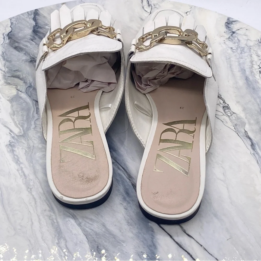 Zara Women’s Ecru White Leather Mule Sandals With Chain Size 39 - Picture 3 of 8